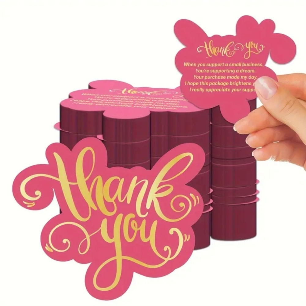 60ea Pink and Gold DIE CUT 2 Sided Large Thank You CARD INSERT